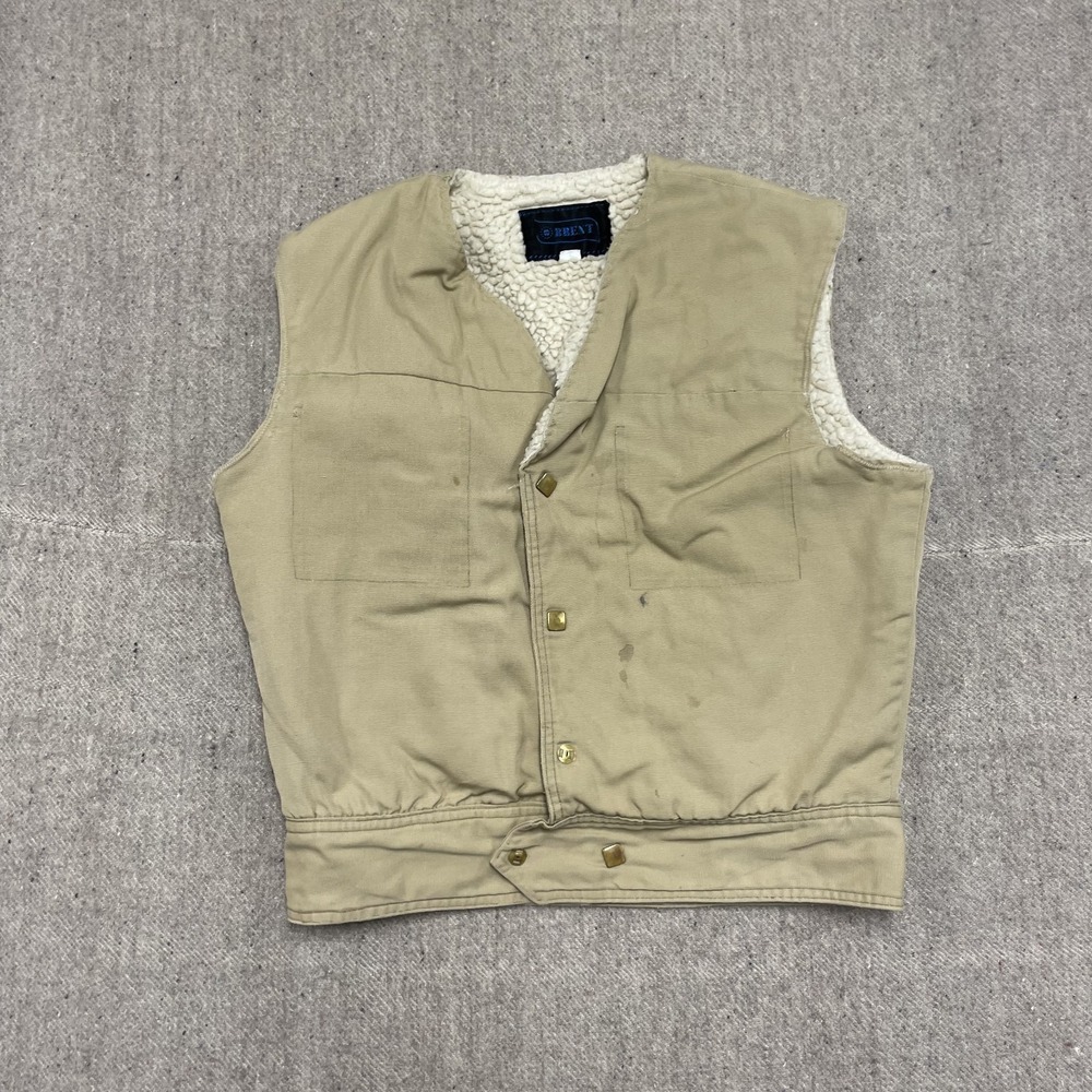 Vintage Sherpa Lined Canvas Button Up Vest Men Medium Beige 1980s Brent